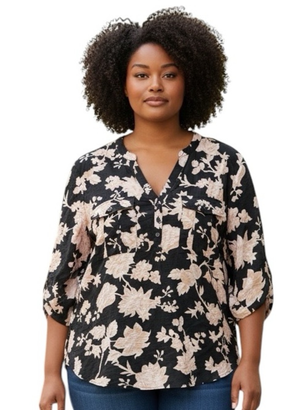 Torrid Harper Black Floral Button Up Blouse Size 2 Chest Pockets